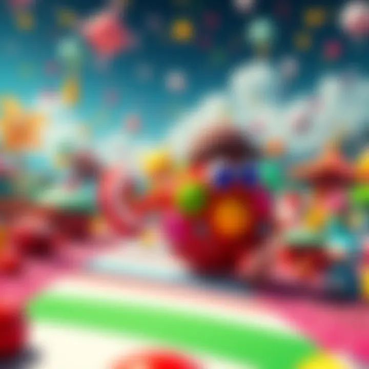 Colorful scene from Katamari Damacy A vibrant character rolling a colorful ball through a whimsical landscape filled with various objects and creatures, representing the playful essence of Japanese culture.