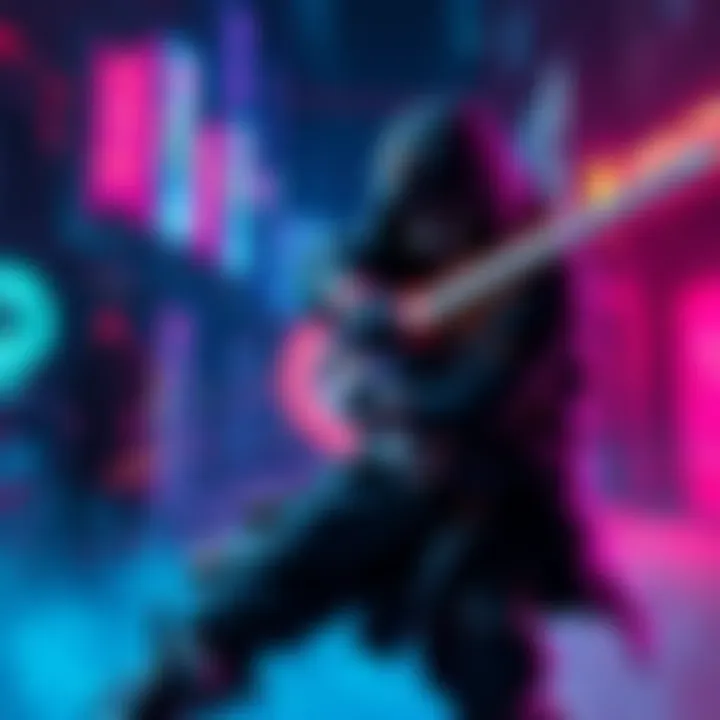Subject Zero engages in a fast-paced battle with a sword, surrounded by a dark, neon-lit environment with synth-wave colors.