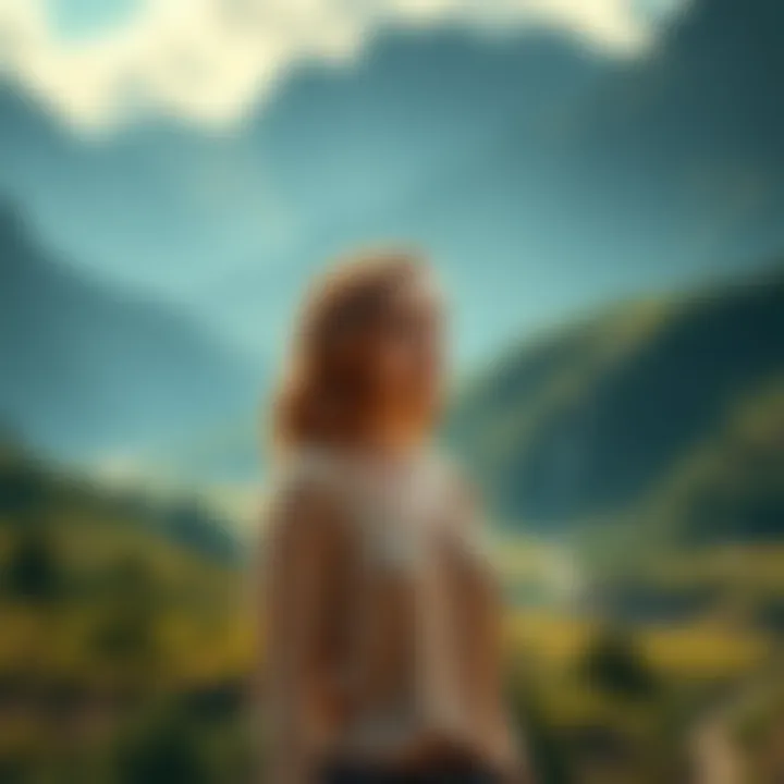 Kate Marsh standing in a serene valley, reflecting on her journey after the original story, with a hopeful expression
