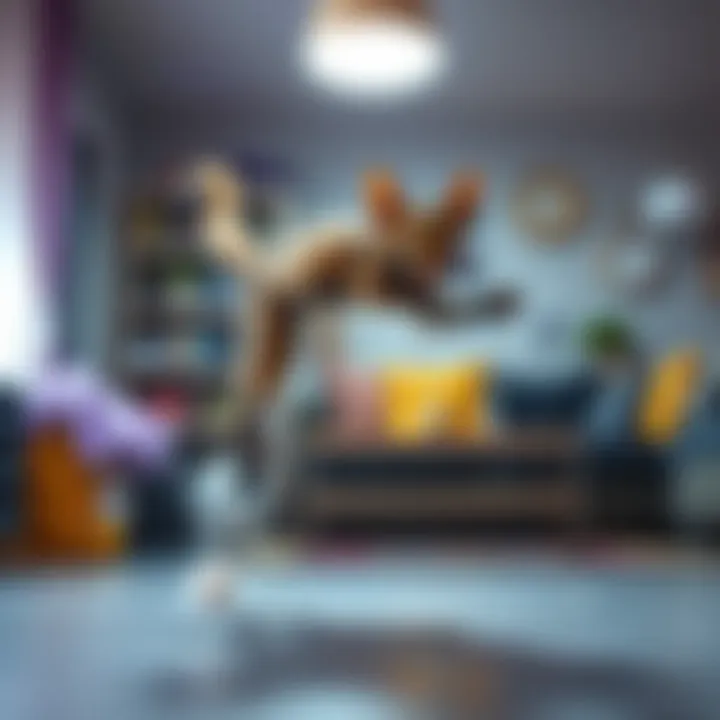 A Kavat jumping and playing energetically in a home setting, showcasing its wild antics. The Kavat looks lively and curious.