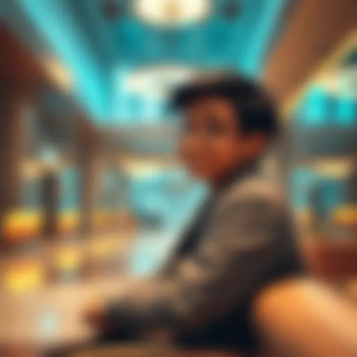 Kaydop sitting in a silent lobby, looking surprised and amused at being alone, with a playful smile on his face.