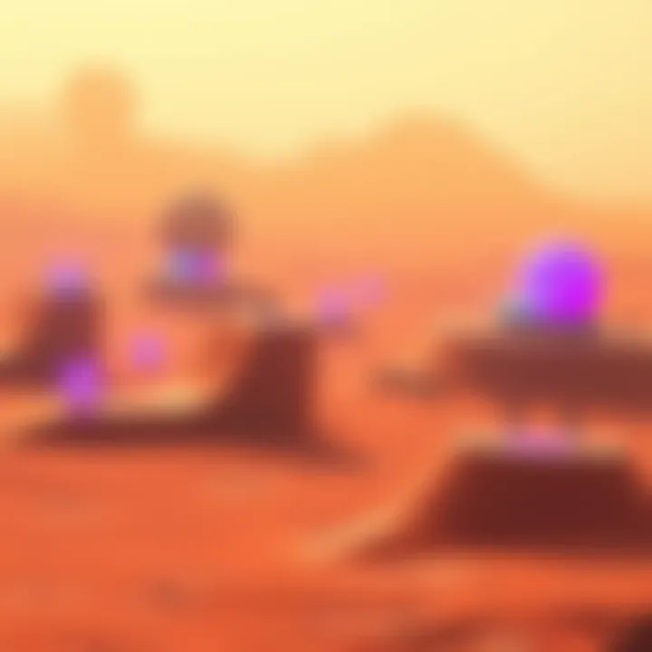 A futuristic skate park with K-drives on the surface of Venus, featuring vibrant ramps and skilled skaters in action under a hazy, yellow atmosphere.