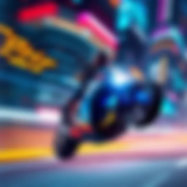 A player gliding on K-Drive gear in a vibrant game environment, showcasing speed and style.