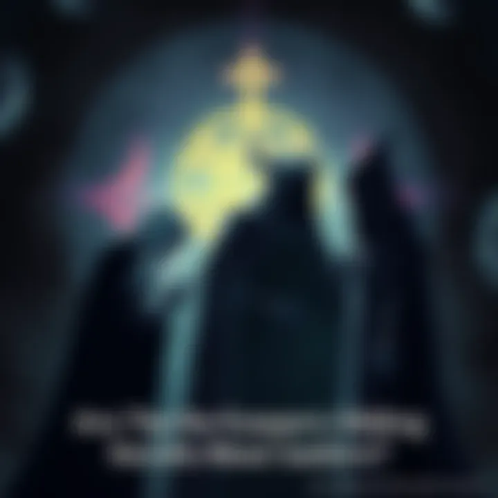 The Keepers Discuss Isadora Two figures representing the Keepers in a shadowy setting, whispering about Isadora's intentions, with magical symbols in the background.