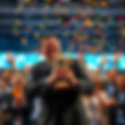 Keith smiles proudly while holding a trophy, surrounded by friends and colleagues who cheer for him in celebration.