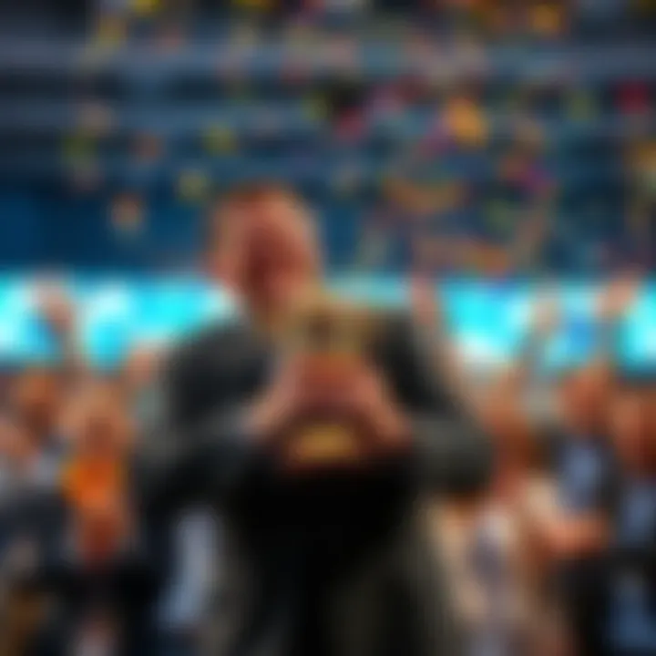 Keith smiles proudly while holding a trophy, surrounded by friends and colleagues who cheer for him in celebration.