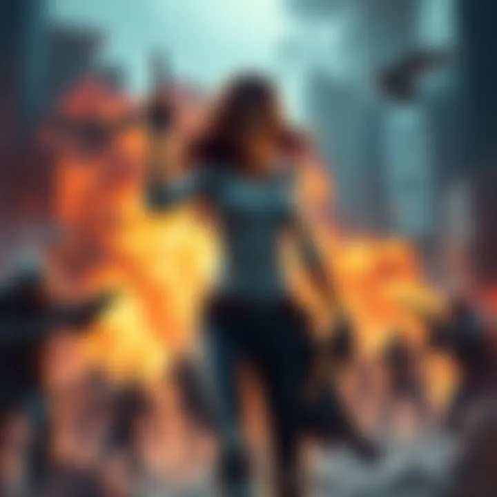 Kelso, a character from the game, stands confidently with a fierce expression, surrounded by chaotic scenes of conflict and destruction, portraying her violent tendencies.