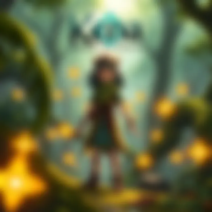 Kena, a young spirit guide, stands in a lush green forest surrounded by glowing spirits, showcasing the vibrant art style of the game.