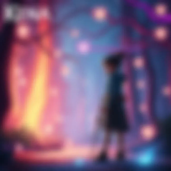 Kena, a young girl with a magical staff, stands in a colorful forest filled with glowing spirits, looking curious and ready for adventure.