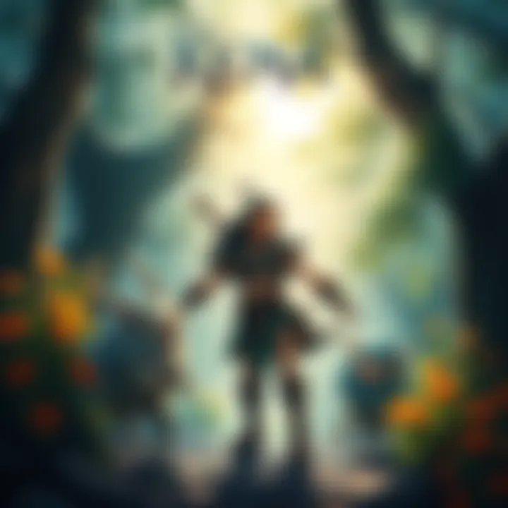 A vibrant scene showing Kena, a young warrior with magical abilities, standing confidently in a lush forest, surrounded by spirit companions, as a bright light illuminates the announcement of a new ga...