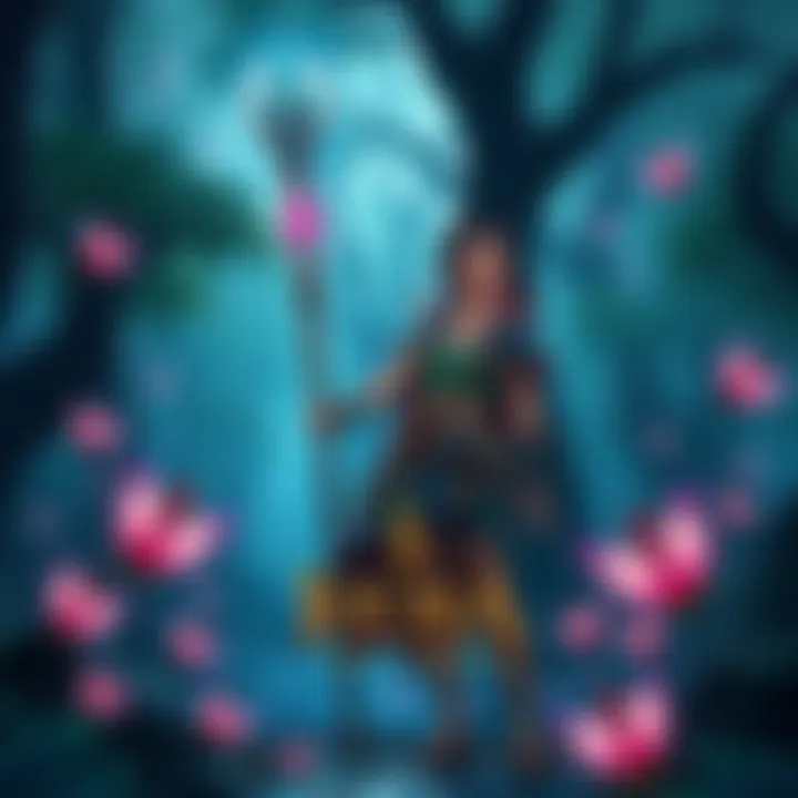 A character named Kena stands in a vibrant forest holding a glowing staff, surrounded by nature and magical creatures.
