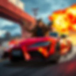Kenjiro Takeda, also known as The Oni, drives a red Toyota Supra while wielding guns and a flamethrower in a vibrant gaming scene.