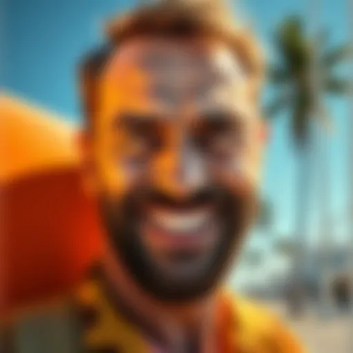 A caring Floridian man with a warm smile and an intense expression, reflecting his hotheaded nature amidst a sunny backdrop.