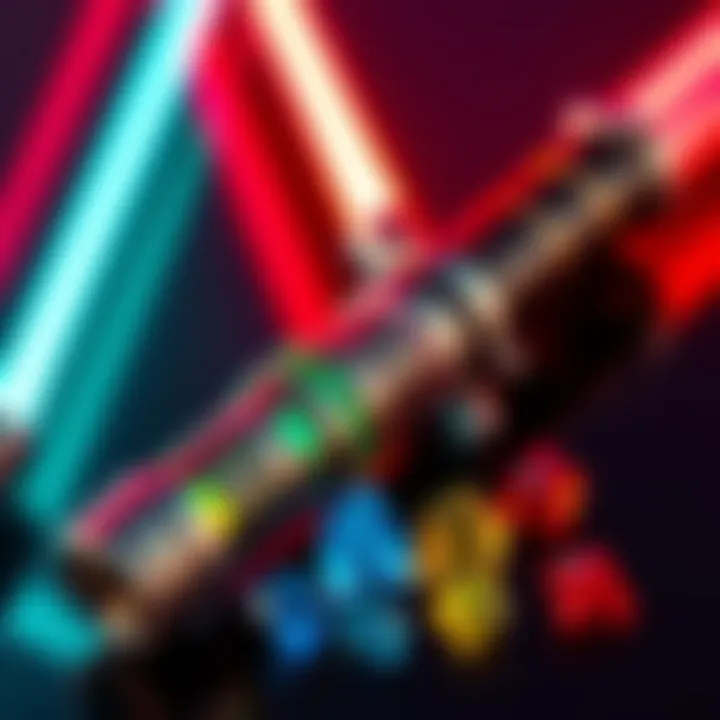 A lightsaber hilt with multiple Kyber crystals in different colors displayed beside it