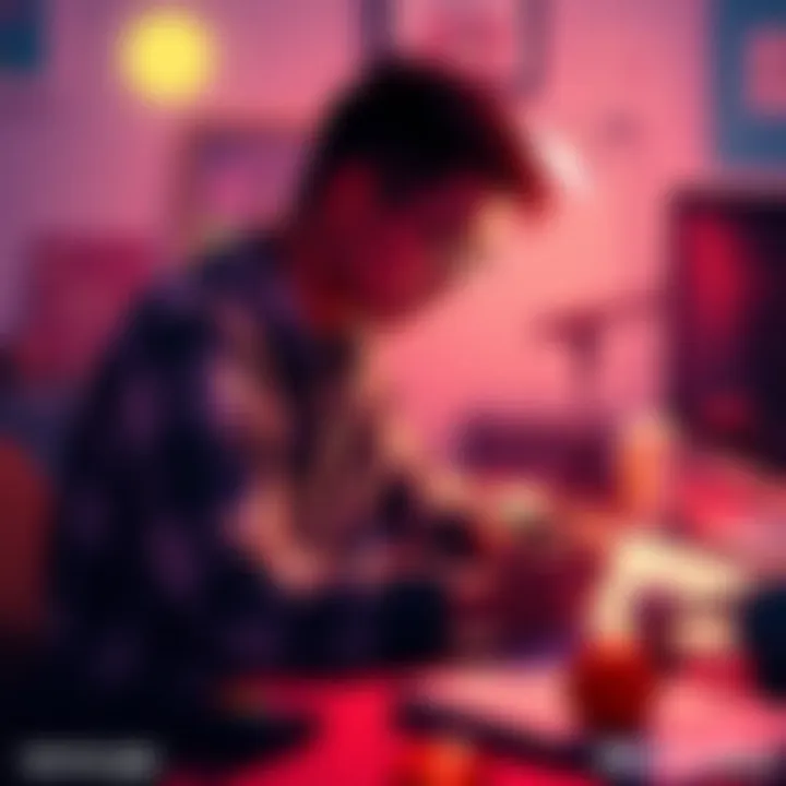 Kenny Sun Working on BALL x PIT Kenny Sun focused on creating the game BALL x PIT, surrounded by sketches and design tools