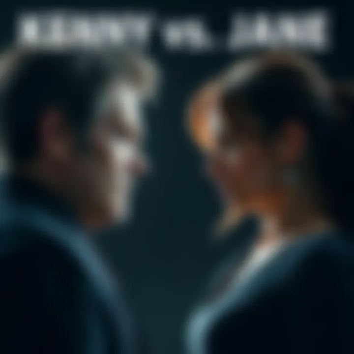 Kenny with a tense expression faces Jane, who appears calm and composed, in a dramatic standoff, with a dark, tense background