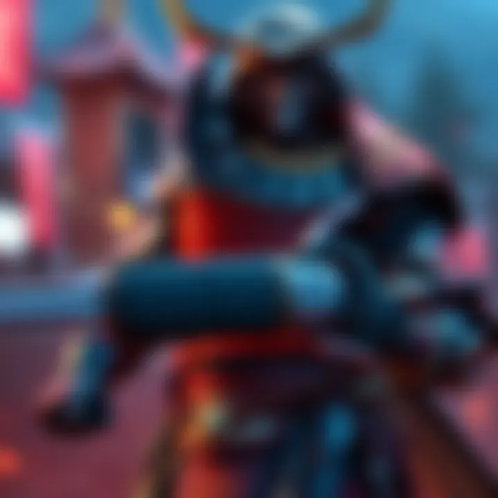 A character wearing Kensei armor, showcasing its striking design and features in battle stance.