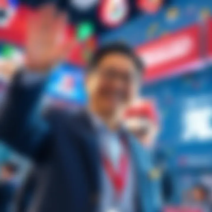 Kensuke Tanabe smiling and waving goodbye at a Nintendo event, surrounded by game-themed decorations
