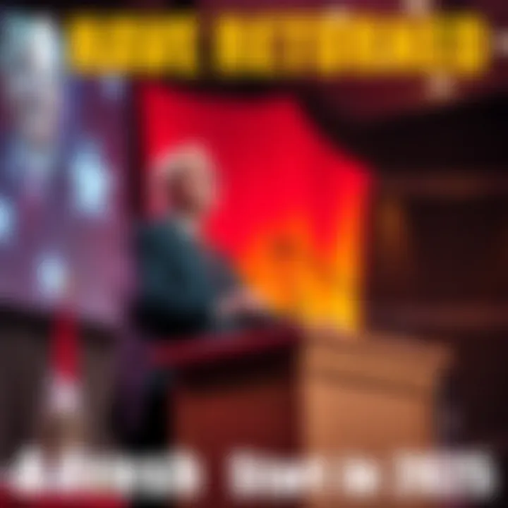 A charismatic leader stands confidently at a podium, ready to share new ideas for the future.