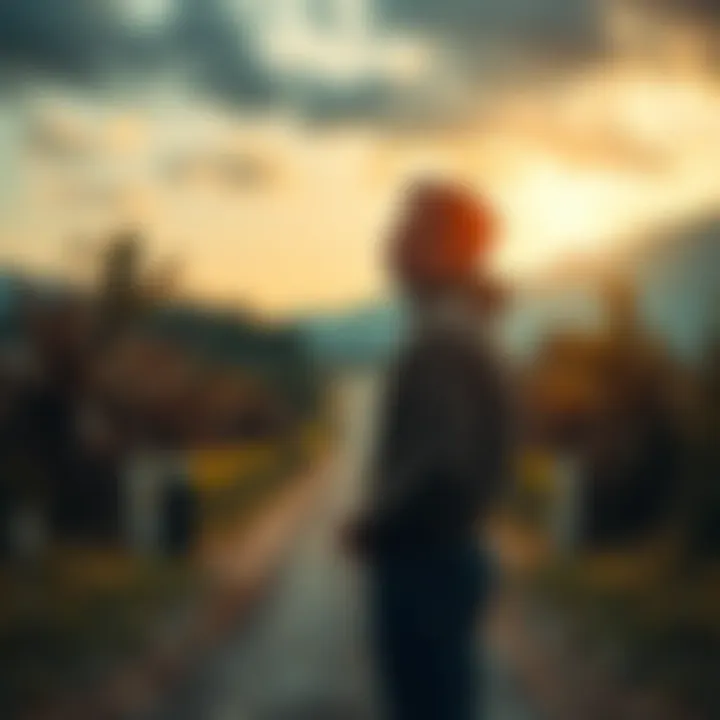 A person standing at a crossroads, contemplating their choices with a thoughtful expression, surrounded by nature.