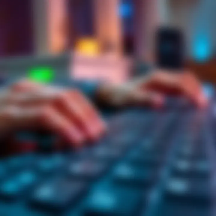 A close-up view of a computer keyboard with hands typing, showing various keys and finger placement.