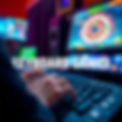 A colorful scene showing a person playing keyboard games, with hands on the keys and game graphics on the screen.