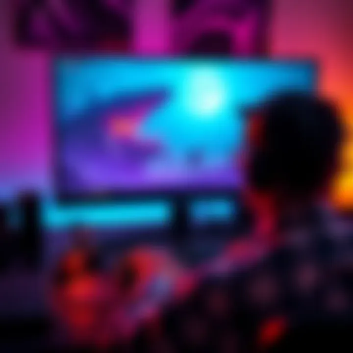 A person playing a soulslike game on a computer with a keyboard and mouse setup, featuring an ultrawide monitor showing game action.