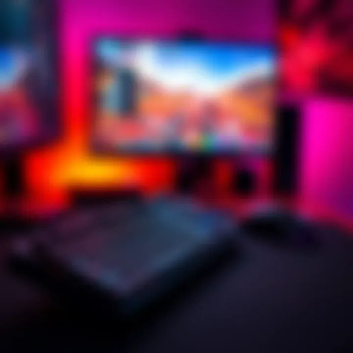 A keyboard and mouse placed on a gaming desk, showcasing a player poised to game, with a vibrant monitor displaying a popular game interface in the background.