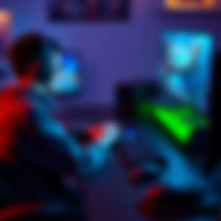 A gamer sitting at a desk, using a keyboard and mouse to play a video game, with a controller resting nearby.