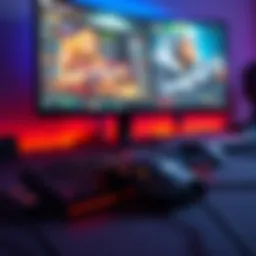 A gaming keyboard and mouse placed on a desk with a computer screen in the background, showcasing a gaming interface.