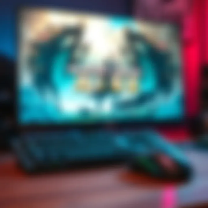 A gaming keyboard and mouse on a desk, with a Monster Hunter Rise poster in the background, showcasing the game's theme