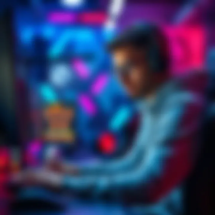 Khamzat Chimaev focused on playing DOTA 2, gaming setup with colorful lights in the background