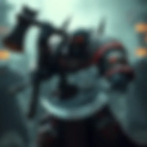 A fierce-looking Kharn the Betrayer armed with an axe, wearing Chaos Space Marine armor, ready for combat in Warhammer 40K