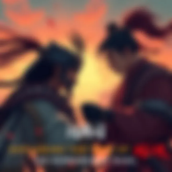 Khotun and Jin face each other in a tense duel, surrounded by warriors including Lord Shimura and Lady Masako, ready for battle.