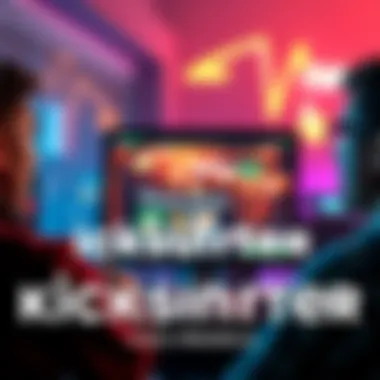 People viewing a computer screen showing a Kickstarter page for a video game project, with excitement and hope on their faces.