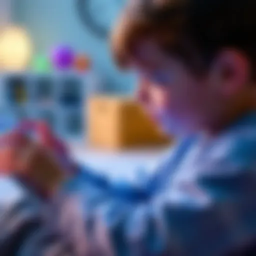 A child focused on playing Roblox on a tablet, with colorful graphics on the screen