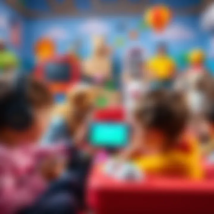 A colorful scene showing kids playing video games featuring cartoon animals and fun environments.