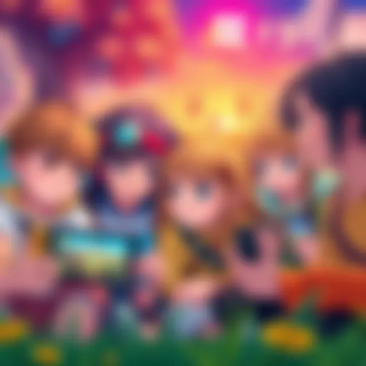 A group of children playing Nintendo Switch games featuring strong female characters in colorful fantasy settings.