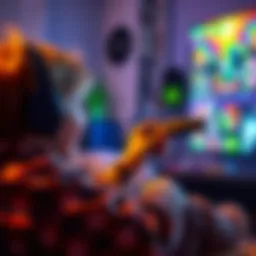 A child enjoying a colorful, kid-friendly first-person shooter game on a gaming console.