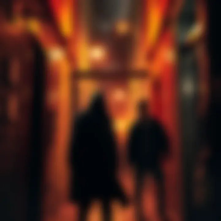 A dark alley in GoNext with tension in the air, focusing on a shadowy figure and a startled bystander witnessing the aftermath of a kidnapping.