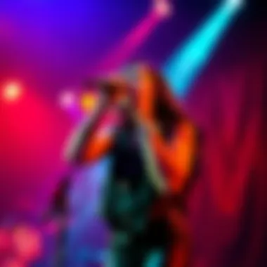 Female lead vocalist Free Dominguez singing passionately on stage with a band during a 90's industrial music concert.