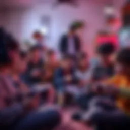 A group of kids and adults playing video games together, showcasing different consoles and interactions in a lively living room setting.
