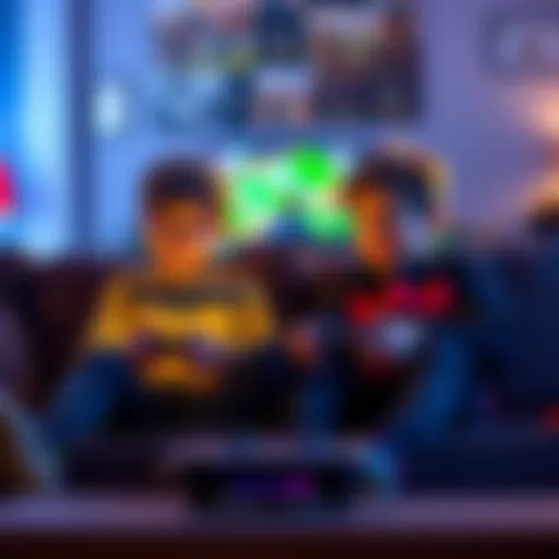 Two kids enjoying couch co-op gaming on a PlayStation, playing games like 'It Takes Two' and 'Overcooked!'.