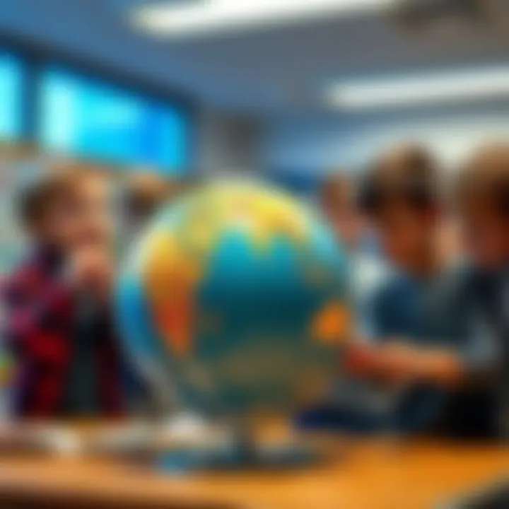 Children expressing curiosity and excitement while observing a globe in a classroom setting