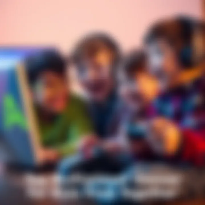 A group of children enjoying video games online, laughing and interacting with each other