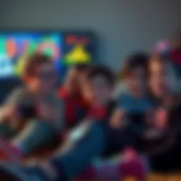 Kids Playing Nintendo Games A group of children having fun playing Nintendo games together, featuring colorful game characters and vibrant graphics.