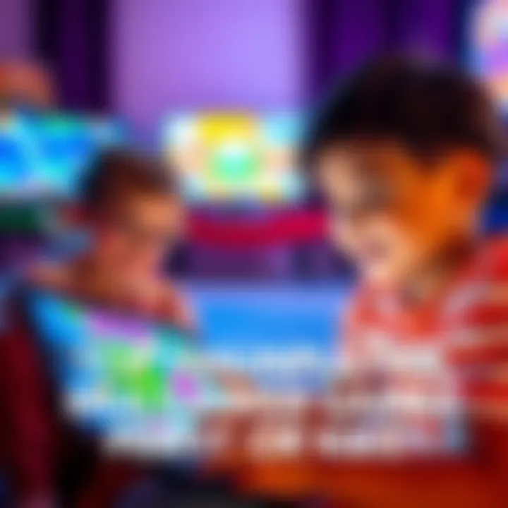 Two children happily playing a colorful online multiplayer game on their tablets, smiling and engaging with each other through the screens.