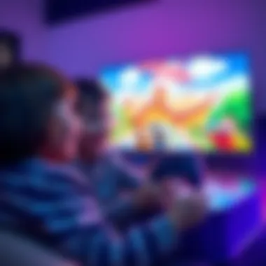 Cheerful kids playing open-world game Two young kids enjoying a colorful open-world game on a gaming console with simple controls and fun characters