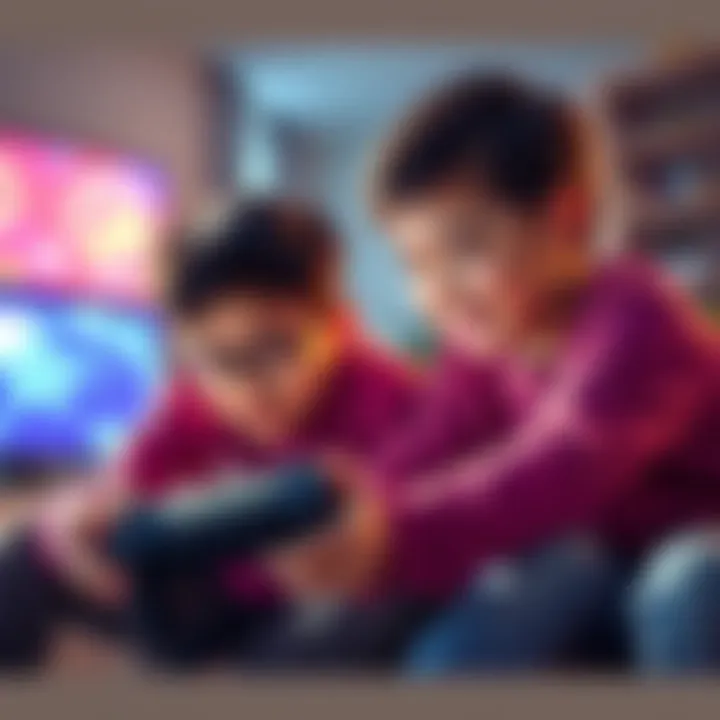 Two children engaged in cooperative gameplay on a PS5, enjoying a fun 2-player game