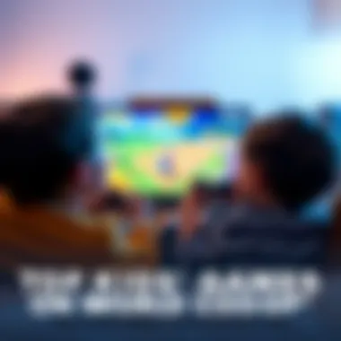 Two young children enjoying a couch co-op video game, immersed in colorful open-world action on the screen